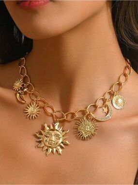 Gold Sun Charm Necklace Stainless Steel Celestial Statement